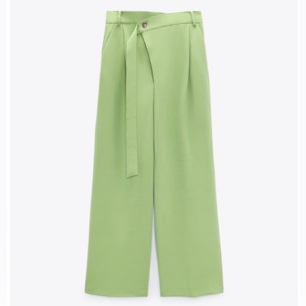 ZARA NWOT Pistachio Green Wide Leg Asymmetrical Belted Full Length Pants, Size L